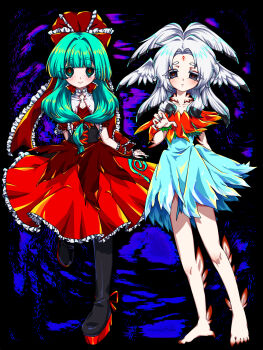 2girls @_@ abstract_background adapted_costume aqua_hair aqua_nails arm_behind_back arm_ribbon barefoot black_background black_boots black_corset black_eyes black_hair blue_dress blunt_bangs boots claw_pose claws collared_dress colored_tips commentary_request corset curtained_hair dress facial_mark feathers forehead forehead_mark frilled_dress frilled_ribbon frills front_ponytail full_body green_eyes hair_ribbon half_updo hand_up head_wings highres houjuu_chimi kagiyama_hina leaf_clothing long_hair looking_at_viewer medium_dress medium_hair multicolored_hair multiple_girls red_dress red_nails red_pupils red_ribbon ribbon shinkaineko115 short_sleeves smile standing standing_on_one_leg touhou white_hair wings