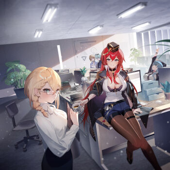 5girls 6p62_(6p62's_offer)_(girls'_frontline) 6p62_(girls'_frontline) arm_up artist_request bell belt black_belt black_bra black_choker black_collar black_headwear black_jacket black_necktie black_shoes black_skirt blonde_hair blue_eyes blue_hair blue_shirt blue_shorts blush book bra braid breasts brown_hair buckle ceiling_light chair choker cleavage clenched_hand clipboard closed_mouth coffee coffee_mug collar collared_shirt commentary company_logo computer computer_keyboard computer_mouse computer_tower corded_phone cup day desk dp-12_(dangerous_mission)_(girls'_frontline) dp-12_(girls'_frontline) drawer english_commentary epaulettes expressionless foot_out_of_frame g36_(girls'_frontline) g36_(mocha_partner)_(girls'_frontline) garrison_cap girls'_frontline glasses gold_trim green_eyes green_hair grin grizzly_mkv_(elite_on_patrol)_(girls'_frontline) grizzly_mkv_(girls'_frontline) hair_between_eyes hair_ornament hairclip hat high_heels highres holding holding_clipboard holding_cup indoors jacket jacket_on_shoulders jingle_bell key lace lace-trimmed_bra lace_trim large_breasts light_particles light_rays long_hair long_sleeves looking_at_viewer ltlx_7000_(girls'_frontline) ltlx_7000_(miss_phoneline_hogger)_(girls'_frontline) monitor mug multiple_girls multiple_wristwatches neck_bell necktie office office_chair office_lady official_alternate_costume official_art on_desk one_eye_closed open_clothes open_jacket pantyhose paper partially_unbuttoned pencil_skirt phone plant potted_plant purple_eyes red_hair second-party_source semi-rimless_eyewear shirt shoes short_hair shorts sitting skirt sleeves_rolled_up smile snap-fit_buckle stretching swivel_chair thigh_strap under-rim_eyewear underwear watch white_shirt wristwatch