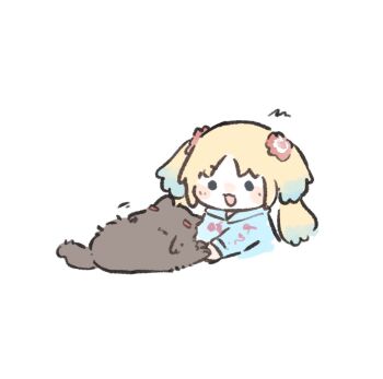 1girl :3 :d animalization ao_kaeru blonde_hair blue_eyes blue_hair blue_hoodie brown_cat cat flower fujishima_megumi gradient_hair hair_flower hair_ornament handshake highres hood hoodie link!_like!_love_live! love_live! multicolored_hair open_mouth osawa_rurino osawa_rurino_(winter_loungewear) pink_flower smile twintails virtual_youtuber