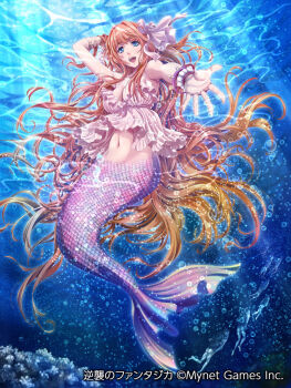 1girl :d air_bubble blue_eyes bow breasts bubble cleavage commentary_request copyright_notice full_body gyakushuu_no_fantasica hair_bow highres large_breasts long_hair looking_at_viewer mermaid monster_girl navel official_art open_mouth orange_hair outstretched_arm smile solo ueda_metawo underwater white_bow