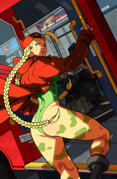 Rule 34 | 1990s (style), 1girl, ahoge, antenna hair, armband, armpits, ass, bare shoulders, beret, birdie (street fighter), blonde hair, blue eyes, boots, braid, breasts, bus, cameo, cammy white, camouflage, capcom, combat boots, dudley, edwin huang, elbow gloves, female focus, fingerless gloves, gauntlets, gloves, green leotard, hat, highleg, highleg leotard, highres, hip focus, hood, hooded jacket, huge ahoge, huge ass, jacket, kneepits, knees, legs, leotard, lips, lipstick, london, long hair, looking back, makeup, motor vehicle, muscular, red jacket, retro artstyle, scar, sideboob, skin tight, socks, solo, street fighter, street fighter i, street fighter ii (series), street fighter iii (series), street fighter zero (series), street fighter zero i, thighs, thong leotard, thumbs up, twin braids, wide hips