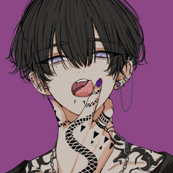 1boy absurdres arm_tattoo black_hair black_shirt chain chain_necklace collarbone commentary ear_piercing english_commentary finger_tattoo fingernails highres jewelry looking_at_viewer male_focus nail_polish necklace niwa281610 original piercing purple_background purple_eyes purple_nails shirt short_hair solo tattoo teeth tongue upper_teeth_only