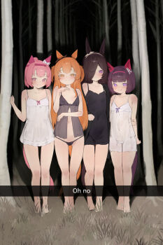 4girls animal_ears babydoll black_babydoll black_dress black_hair black_panties blush closed_mouth covered_navel dress ear_covers english_text flat_chest full_body hair_over_one_eye haru_urara_(umamusume) highres horse_ears horse_girl horse_tail legs long_hair looking_at_viewer mayano_top_gun_(umamusume) multiple_girls navel nishino_flower_(umamusume) orange_hair panties pink_eyes pink_hair purple_eyes rice_shower_(umamusume) see-through_clothes see-through_dress short_hair smile standing tail theflatfacadeds umamusume underwear white_dress