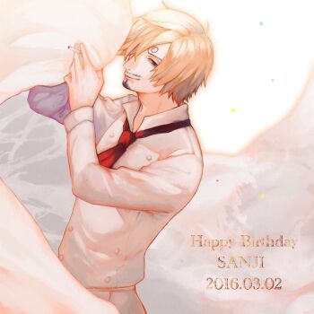 Rule 34 | 1boy, blonde hair, character name, cigarette, closed mouth, commentary request, curly eyebrows, dated, facial hair, goatee, happy birthday, holding, holding cigarette, love1loooomy, male focus, mustache, neckerchief, one piece, red neckerchief, sanji (one piece), smile, solo