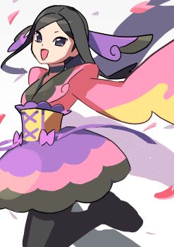 1girl absurdres black_hair commentary_request corset highres japanese_clothes kimono long_hair long_sleeves nintendo open_mouth pink_kimono pink_petals pokefia pokemon pokemon_xy smile solo standing standing_on_one_leg valerie_(pokemon) white_background yellow_corset