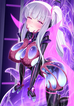 1girl black_halo blue_archive blush bone breasts corruption dark_persona halo headgear iro_ame_(amewaagada) long_hair mechanical_halo nipples noa_(blue_archive) pink_eyes ponytail see-through_body skeleton smile solo tentacle_clothes tentacles transformation white_hair