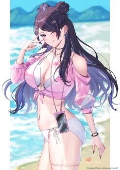 1girl bikini black_hair black_nails blue_eyes breasts cellphone cleavage closed_mouth cropped_shirt hair_ornament hairpin highres indie_virtual_youtuber kson large_breasts long_hair looking_at_viewer multicolored_hair nail_polish one_eye_closed outdoors phone pink_shirt purple_hair shirt smartphone smile solo streaked_hair swimsuit tied_shirt tongue tongue_out ursn_e very_long_hair virtual_youtuber white_bikini