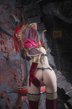 1girl anus ass boots bottomless castanic cosplay female_focus from_behind gloves highres horns labia_piercing multiple_piercings photo_(medium) piercing pussy pussy_piercing real_life red_hair solo tera_online thigh_gap thighhighs uncensored vandych velvet velvet_(cosplay) vulva_piercing