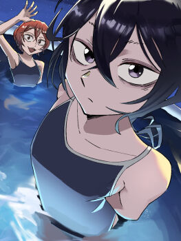 2girls :d arm_up arms_behind_back bare_shoulders black_eyes black_hair blue_one-piece_swimsuit brown_hair closed_mouth collarbone crossed_bangs eros_no_kami flat_chest frown fuyumura_shiori highres kazao_niko long_hair multiple_girls night night_sky one-piece_swimsuit open_mouth partially_submerged sanda_(itagaki_paru) school_swimsuit short_hair sky smile swimsuit water waving