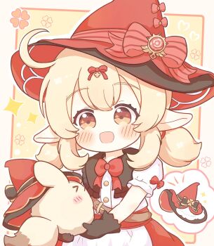 Rule 34 | 1girl, absurdres, ahoge, blonde hair, blush, bow, bowtie, brown gloves, commentary request, dodoco (genshin impact), genshin impact, gloves, hat, hat ribbon, highres, holding, klee (blossoming starlight) (genshin impact), klee (genshin impact), official alternate costume, open mouth, pointy ears, red bow, red bowtie, red eyes, red hat, red skirt, ribbon, shirt, skirt, solo, white shirt, witch hat, yuu neconouti