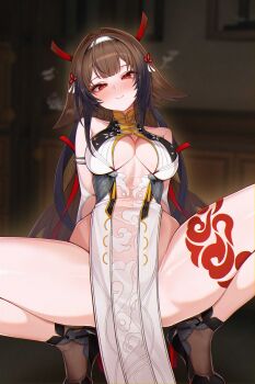 1girl absurdres armlet bare_shoulders black_shoes blush breasts brown_hair china_dress chinese_clothes cleavage clover clover_hair_ornament collarbone commentary commentary_request dress droopy_ears english_commentary hair_ornament hairband half-closed_eyes hank_(gogaek) head_tilt highres indoors jewelry large_breasts leg_tattoo long_hair mixed-language_commentary painting_(object) pelvic_curtain picture_frame red_eyes shoes silver_armlet smile solo spread_legs squatting tattoo white_dress white_hairband ye_shunguang zenless_zone_zero