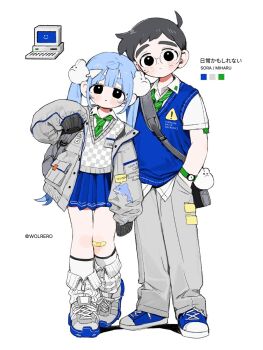 1boy 1girl ahoge bag bandaid bandaid_on_leg black_hair blue_hair blue_shoes blue_skirt blue_sweater_vest checkered_clothes computer cursor_hair_ornament fake_transparency fashion full_body glasses green_necktie grey_jacket grey_pants grey_shoes grey_sweater_vest hair_ornament highres icon_(computing) jacket kairu_the_dolphin long_hair looking_at_viewer microsoft_office microsoft_windows miharu_(wolrero) necktie original pants pleated_skirt rabbit_hair_ornament shoes short_hair shoulder_bag sign simple_background skirt sneakers socks sora_(wolrero) standing sweater_vest twintails very_long_hair vest warning_sign white_background white_socks windows_95 windows_classic wolrero