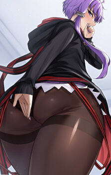 1girl ass black_hoodie black_panties black_pantyhose black_skirt blush ceiling commentary_request covering_own_mouth curvy highres hood hoodie indoors long_hair long_sleeves looking_at_viewer panties panties_under_pantyhose pantyhose purple_eyes purple_hair purple_nails skirt solo standing tenneko_yuuri underwear voiceroid yuzuki_yukari