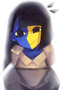 Rule 34 | 1girl, black eyes, black hair, blue skin, blunt bangs, colored skin, cubism, ena (ena), ena (series), ena (species), ena (web series), happy ena, highres, long hair, looking at viewer, low poly, multicolored skin, shirt, simple background, skirt, smile, solo, split-color skin, suspenders, two-tone skin, usagimarumei, yellow skin