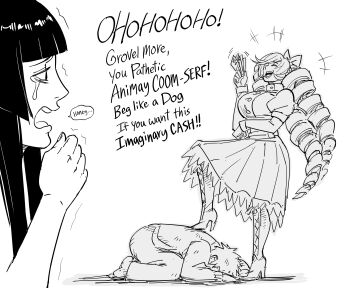 1boy 2girls absurdres artist_self-insert bb_(baalbuddy) black_hair comic dress drill_hair english_text foot_on_back greyscale groveling high_heels highres hime_cut hime_cut_wife_(baalbuddy) laughing long_hair monochrome multiple_girls ojou-sama_pose original segmented_comic simple_background skirt speech_bubble standing_on_person twintails white_background