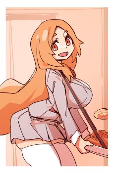 1girl :d bent_over bleach bleach:_sennen_kessen-hen bow bread breasts food grey_jacket grey_skirt head_tilt highres holding holding_plate huge_breasts indoors inoue_orihime jacket karakura_high_school_uniform long_hair long_sleeves looking_at_viewer mabufuyo open_mouth orange_eyes orange_hair parted_bangs plaid_clothes plaid_skirt plate red_bow shirt simple_background skindentation skirt smile solo thick_eyebrows thighhighs turning_head very_long_hair white_shirt white_thighhighs zettai_ryouiki