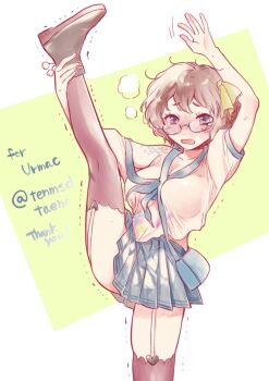 1girl arms_up artist_name black-framed_eyewear black_shoes black_thighhighs blue_neckerchief blue_skirt blush breasts brown_hair cleavage collarbone commentary_request commission commissioner_name dot_nose double-parted_bangs fluffy_hair foot_out_of_frame garter_straps glasses green_background grey_eyes hair_ribbon hand_on_own_ankle highres looking_at_viewer miniskirt motion_lines neckerchief nose_blush off_shoulder open_mouth original pleated_skirt ribbon school_uniform semi-rimless_eyewear serafuku shirt shoes short_hair short_sleeves skeb_commission skirt solo split standing standing_on_one_leg standing_split steam sweat tenmsd thank_you thighhighs trembling two-tone_background under-rim_eyewear wavy_mouth white_background white_garter_straps white_shirt yellow_ribbon