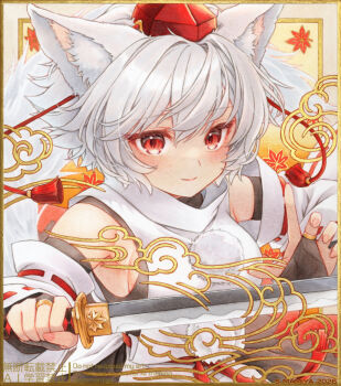 Rule 34 | 1girl, animal ear fluff, animal ears, breasts, bridal gauntlets, closed mouth, commentary request, detached sleeves, grey hair, hat, holding, holding sword, holding weapon, inubashiri momiji, katana, looking at viewer, marker (medium), medium breasts, pom pom (clothes), red eyes, red hat, ribbon-trimmed sleeves, ribbon trim, s.mamiya, shikishi, short hair, sideboob, smile, solo, sword, tail, tokin hat, touhou, traditional media, upper body, watermark, weapon, wolf ears, wolf girl, wolf tail