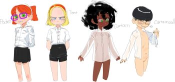 4girls black_skirt blonde_hair blue_eyes bottomless bowl_cut braces chi-iz collared_shirt curtain_call_challenge_(meme) dark-skinned_female dark_skin flat_chest forehead glasses green_eyes headband heart highres loli long_sleeves midriff multiple_girls nail_polish navel nipples no_panties orange_hair original purple_glasses pussy red_headband see-through_clothes see-through_shirt shirt shirt_tucked_in skirt smile twintails white_shirt