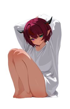 Rule 34 | 1girl, aqua eyes, arms behind head, bare legs, barefoot, black horns, blush, closed mouth, collarbone, commentary, feet, hair between eyes, heterochromia, highres, hololive, hololive english, horns, irys (hololive), legs, light smile, long sleeves, looking at viewer, pink hair, pointy ears, purple eyes, sansha art, shirt, short hair, simple background, sitting, solo, thighs, toenails, toes, virtual youtuber, white background, white shirt
