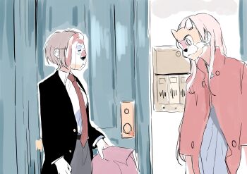 Rule 34 | 2girls, bang dream!, bang dream! it's mygo!!!!!, black jacket, chihaya anon, coat, collared shirt, commentary request, dog mask, grey hair, grey pants, highres, jacket, long hair, multiple girls, necktie, pants, pink hair, red coat, red necktie, shirt, short hair, suudori, takamatsu tomori, tuxedo, white shirt