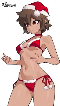 1girl absurdres animated artist_logo bandaid bandaid_on_cheek bandaid_on_face bikini bikini_top_pull bouncing_breasts breasts brown_hair choker ear_piercing embarrassed freckles hand_on_own_hip hat highres jestami leaning_forward leg_tattoo logo looking_at_viewer navel original piercing pom_pom_(clothes) red_bikini red_choker red_eyes red_hat santa_bikini santa_costume santa_hat short_hair side-tie_bikini_bottom simple_background solo sound swimsuit tagme tattoo video wavy_hair white_background