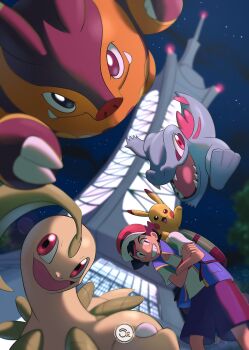 1boy ash_ketchum backpack bag baseball_cap bayleef black_hair blue_jacket blue_shorts brown_eyes closed_mouth crossed_arms fangs gen_1_pokemon gen_2_pokemon gen_5_pokemon grin hat highres jacket leaf lumiose_city night night_sky nintendo on_shoulder open_clothes open_jacket open_mouth outdoors pignite pikachu pokemon pokemon_(anime) pokemon_(creature) pokemon_journeys pokemon_legends:_z-a pokemon_on_shoulder popped_collar prism_tower red_eyes red_hat sergiromero sharp_teeth shirt short_hair short_sleeves shorts sky sleeveless sleeveless_jacket smile star_(sky) starter_pokemon_trio tail teeth totodile white_shirt
