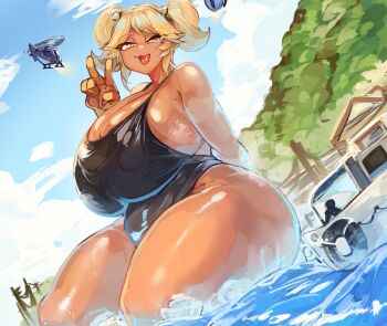 1girl :3 aircraft black_one-piece_swimsuit blonde_hair boat breasts cleavage commission dark-skinned_female dark_skin giant giantess gyaru hair_ornament helicopter highres huge_breasts larribee mole mole_under_eye one-piece_swimsuit open_mouth original outdoors plump short_hair short_twintails sitting sky smile solo swimsuit thick_thighs thighs tongue twintails v watercraft wide_hips yellow_eyes