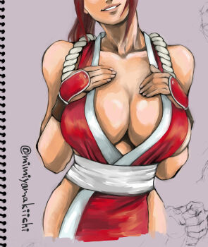 Rule 34 | 1girl, breasts, brown hair, cleavage, fatal fury, fingerless gloves, gloves, hands on own chest, head out of frame, highres, japanese clothes, large breasts, legs, long hair, mimiyama kiichi, no bra, parted lips, pink lips, ponytail, seductive smile, shiranui mai, sideboob, smile, snk, solo, the king of fighters, thighs, traditional media