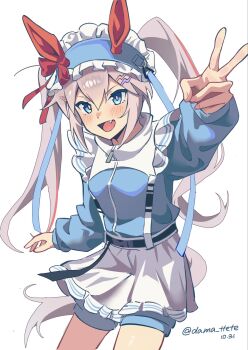 1girl alternate_costume animal_ears apron blue_eyes blue_headdress blue_jacket blue_shorts blush breasts dama_ttete ear_covers fang frilled_apron frills grey_hair grey_tail hair_between_eyes hair_ornament headband headdress highres horse_ears horse_girl horse_tail jacket jersey_maid lightning_bolt lightning_bolt_hair_ornament lightning_bolt_symbol long_hair long_sleeves looking_at_viewer maid maid_apron maid_headdress multicolored_hair open_mouth red_hair shorts smile solo streaked_hair tail tamamo_cross_(umamusume) track_jacket twintails umamusume umamusume:_cinderella_gray unconventional_maid v very_long_hair waist_apron white_apron