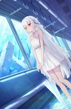 1girl absurdres bare_shoulders blush braid breasts closed_mouth collarbone commentary_request crescent crescent_earrings dot_mouth dress dutch_angle earrings expressionless eyes_visible_through_hair fish fuyoyo hair_between_eyes hand_grip highres holding holding_umbrella jellyfish jewelry light_particles looking_ahead md5_mismatch nail_polish neck_ribbon ocean original partially_submerged pink_nails red_eyes ribbon ruins short_dress side_braid small_breasts solo spaghetti_strap standing thighs train train_interior umbrella underwater water white_dress white_hair white_ribbon window