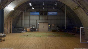 3d air_conditioner artist_name ball ceiling ceiling_light door evening gym highres indoors interior ladder mat moonlight night no_humans original punching_bag rope scenery sky soccer soccer_ball sunset surafin traffic_cone window wireframe wooden_floor