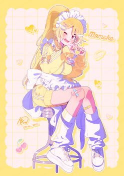 Rule 34 | 1girl, ;d, apron, bandaid, bandaid on knee, bandaid on leg, blonde hair, blush, border, breasts, character name, commentary request, drop shadow, frilled apron, frills, full body, grid background, hair ornament, heart, heart hands, heart in heart hands, highres, jacket, jersey maid, large breasts, long hair, long sleeves, looking at viewer, magia record: mahou shoujo madoka magica gaiden, mahou shoujo madoka magica, maid, maid headdress, one eye closed, open mouth, outside border, ponytail, red eyes, serizawa serizane, shoes, shorts, sitting, smile, sneakers, socks, solo, striped clothes, striped socks, togame momoko, track jacket, unconventional maid, vertical-striped clothes, vertical-striped socks, waist apron, white apron, white background, white shoes, white socks, wing hair ornament, yellow border, yellow jacket, yellow shorts