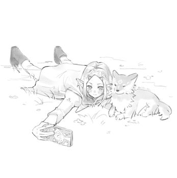 1girl absurdres blush braid ckkustar crown_braid dress full_body grass greyscale hair_ornament hairclip highres juliet_sleeves light_smile long_sleeves lying monochrome nintendo on_stomach outdoors pants pants_under_dress parted_bangs pointy_ears princess_zelda puffy_sleeves short_hair sidelocks sketch speedpaint the_legend_of_zelda the_legend_of_zelda:_breath_of_the_wild twitter_username white_dress white_pants wolf