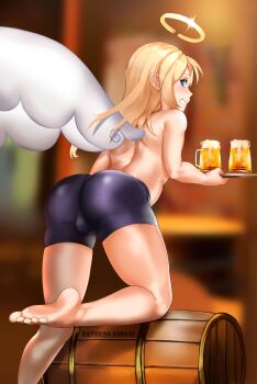 1futa alcohol angel ass barefoot beer blonde_hair blue_eyes blush bulge crimvael feet futanari highres ishuzoku_reviewers kirani looking_back shorts smile soles solo toes wings