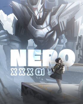 1girl absurdres black_boots black_coat black_hair black_shirt black_skirt boots closed_eyes coat commentary english_commentary floating_hair fur-trimmed_coat fur_trim glasses hair_ornament hairclip hands_in_pockets highres looking_at_viewer mecha mikuneki miniskirt open_clothes open_coat open_mouth original parallel_hairclips riyo_kaede_(mikuneki) robot shirt short_hair skirt smile solo standing thigh_strap wide_shot wind