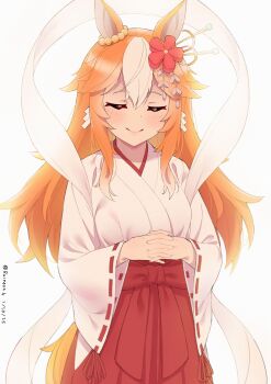 Rule 34 | 1girl, absurdres, animal ears, blush, breasts, closed eyes, closed mouth, ear flower, ear ornament, facing viewer, flower, hair between eyes, hair flower, hair ornament, hakama, highres, horse ears, horse girl, horse tail, japanese clothes, kimono, long hair, long sleeves, multicolored hair, orange hair, original, red hakama, ruinone, shiraoki (racehorse), smile, streaked hair, tail, umamusume, white hair, white kimono, wide sleeves
