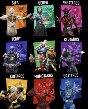armor bear bird black_armor black_background blue_armor deneb dragon edited_official_artwork green_armor highres inside_out inside_out_2 kamen_rider kamen_rider_den-o kamen_rider_den-o_(series) kamen_rider_nega_den-o kamen_rider_new_den-o kamen_rider_zeronos kintaros male_focus momotaros monster monster_boy movie_poster_(medium) multiple_boys negataros oni purple_armor red_armor ryutaros sieg swan teddy_(kamen_rider_den-o) third-party_edit turtle urataros white_armor yellow_armor