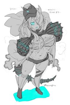 1girl abyssal_ship black_hat black_shoes blush breasts budget_sarashi chest_sarashi claws colored_skin commentary_request from_above glowing glowing_eyes grey_skin hair_over_one_eye hat highres kantai_collection large_breasts mechanical_tail oso_(toolate) remodeled_wartime_cargo_princess sarashi shoes short_shorts shorts simple_background solo standing sweat tail thighhighs torn_clothes translation_request twitter_username