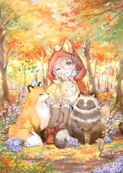 1girl ;) animal animal_ears animal_on_head autumn_leaves bird black_skirt blue_flower blush boots brown_eyes brown_socks capelet closed_mouth commentary_request day ears_through_headwear flower forest fox frilled_skirt frills hair_between_eyes head_tilt hood hood_up hooded_capelet kneehighs knees_up leaf log nature on_head one_eye_closed original outdoors pink_hair purple_flower rabbit raccoon red_boots red_capelet sitting skirt smile socks solo squirrel tree wataame27 wolf-chan_(wataame27) wolf_ears