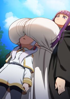 2girls alternate_breast_size_(larger) between_breasts black_pantyhose blue_sky breast_focus breast_rest breasts breasts_on_head buttons capelet closed_mouth cloud commentary day dress elf english_commentary face_between_breasts fern_(sousou_no_frieren) frieren gigantic_breasts grey_hair head_between_breasts head_out_of_frame highres long_hair looking_up meme multiple_girls nantokawave29 outdoors pantyhose perversion_of_canon pointy_ears pout purple_hair size_difference sky sousou_no_frieren twintails upward_angle_frieren_drawing_(meme) yuri