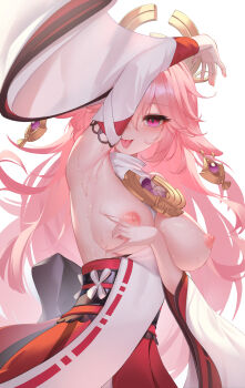 1girl \||/ absurdres animal_ears arm_up armpits breasts breasts_out commentary_request cowboy_shot detached_sleeves earrings floppy_ears fox_ears fox_shadow_puppet genshin_impact hair_ornament highres iranon_(new_iranon) japanese_clothes jewelry large_breasts long_hair looking_at_viewer low-tied_long_hair nipples nontraditional_miko parted_lips pink_hair purple_eyes ribbon_trim self_exposure shirt simple_background sleeveless sleeveless_shirt solo sweat tongue tongue_out upper_body vision_(genshin_impact) water_drop white_background white_shirt wide_sleeves yae_miko ||/