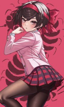 1girl aadka5 ass black_pantyhose blush breasts brown_eyes brown_hair commentary girls_und_panzer girls_und_panzer_ribbon_no_musha highres looking_at_viewer microskirt no_panties open_mouth pantyhose red_background school_uniform shirt short_hair simple_background skirt small_breasts solo tatenashi_high_school_uniform tsuruki_shizuka white_shirt