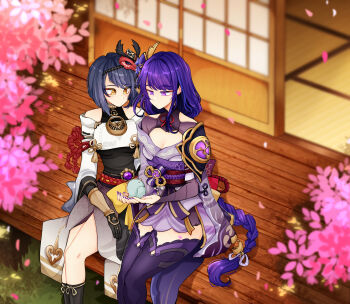 2girls absurdres animal armor bare_shoulders bird bird_on_hand black_hair black_tank_top blunt_bangs blurry blurry_background braid breasts cherry_blossoms cleavage closed_mouth clothing_cutout commentary couple detached_sleeves english_commentary falling_petals genshin_impact gradient_hair highres japanese_clothes jewelry kimono kujou_sara large_breasts leaning_on_person leaning_to_the_side light_blush lingerie long_hair long_sleeves looking_at_animal looking_down looking_to_the_side mask mask_on_head mole mole_under_eye multicolored_eyes multicolored_hair multiple_girls natnatdraw off_shoulder orange_eyes outdoors pendant petals purple_eyes purple_kimono purple_thighhighs raiden_shogun red_sash sash short_hair shoulder_armor shoulder_cutout single_braid sitting swept_bangs tank_top thick_thighs thighhighs thighs tree underwear yuri