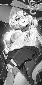 1girl blue_archive blush bow bowtie braid breasts choker clothes_lift collared_shirt cowboy_shot crossed_bangs diagonal-striped_bow diagonal-striped_bowtie diagonal-striped_clothes eri_(blue_archive) female_pubic_hair greyscale hair_between_eyes hat heart highres izuoku jacket jewelry large_breasts lifting_own_clothes long_hair long_sleeves masturbation monochrome multiple_rings nipples no_bra no_panties off_shoulder open_clothes open_jacket open_mouth open_shirt partially_unbuttoned pleated_skirt pubic_hair pussy pussy_juice ring school_uniform shirt side_halo single_braid skirt skirt_lift solo standing striped_bow striped_bowtie striped_clothes sweat tilted_halo witch_hat