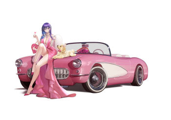 1girl absurdres anklet bag bare_arms bare_shoulders blue_hair bow breasts car character_request cleavage clothes_lift dog dress dress_lift earrings elbow_carry feather_boa feet flower full_body gem gradient_hair hair_between_eyes hair_ornament hairclip handbag heart high_heels highres holding holding_bag houchi_shoujo jewelry large_breasts legs long_hair maki_(user_fyjx4337) motor_vehicle multicolored_hair nail_polish necklace no_bra pink_bow pink_car pink_dress pink_nails plunging_neckline poodle purple_eyes purple_hair rose sideboob sitting smile solo steering_wheel strappy_heels thigh_strap toe_cleavage