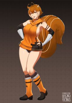 1girl animal_ears blazblue boots breasts brown_hair elbow_gloves fingerless_gloves gloves god_eater god_eater_3 large_breasts makoto_nanaya micro_shorts short_hair shorts sideboob socks squirrel_ears squirrel_tail swordwaltz tail