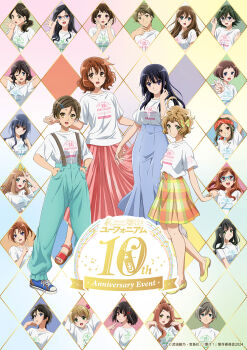 Rule 34 | 2boys, 6+girls, ahoge, anniversary, aqua pants, argyle background, black hair, blue shoes, blue skirt, brown eyes, brown hair, green eyes, hibike! euphonium, highres, hisaishi kanade, katou hazuki, kawashima sapphire, kousaka reina, kuroe mayu, long hair, long skirt, medium hair, multicolored skirt, multiple boys, multiple girls, nakagawa natsuki, official art, oumae kumiko, pants, pink skirt, promotional art, purple eyes, sandals, shirt, shoes, short hair, short sleeves, skirt, suspenders, tanaka asuka, tsukamoto shuuichi, white shirt, yellow eyes, yellow shoes, yoshikawa yuuko