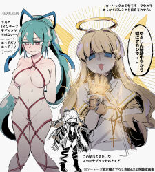 Rule 34 | 2girls, :3, an sin, arms behind back, blonde hair, blue eyes, blue ribbon, blunt bangs, blush, breasts, capelet, cleft of venus, commentary request, cross, cross necklace, dress, earrings, electricity, frown, gloves, green hair, grimace, hair ribbon, half-closed eyes, halo, hand on own arm, highres, jewelry, korean commentary, long hair, magia azure, magia sulfur, magical girl, mahou shoujo ni akogarete, medium breasts, minakami sayo, multiple girls, navel, necklace, nude, open mouth, ponytail, red eyes, restrained, ribbon, rope, rosary, shibari, short sleeves, simple background, sketch, speech bubble, spiked gloves, standing, sweat, tenkawa kaoruko, translation request, twitter username, very long hair, white background, white capelet, white dress, yellow gloves