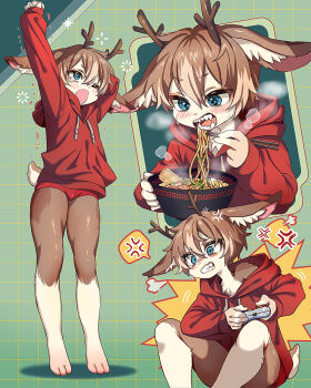 1boy anger_vein angry animal_ears antlers arm_up blue_eyes body_fur bowl briefs brown_hair bulge chopsticks clenched_teeth commission controller deer_ears deer_tail drawstring eating food full_body furry furry_male game_controller go_(1o22g) grid_background holding holding_controller holding_game_controller hood hood_down hoodie horns legs male_focus male_underwear multicolored_fur multicolored_hair no_pants noodles one_eye_closed open_mouth original playing_games ramen red_hoodie red_male_underwear reindeer_antlers reindeer_boy shota single_bare_shoulder sitting solo standing stretching tail teeth underwear wavy_eyes yawning